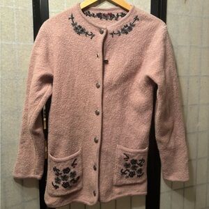 VINTAGE 100% Pure Wool Embroidered Floral Cardigan with Ornate Buttons & Pockets